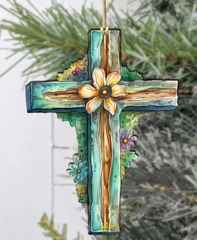 Designocracy Holiday Teal Cross Wooden Ornament In Multi