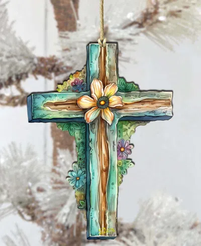 Designocracy Holiday Teal Cross Wooden Ornament In Multi