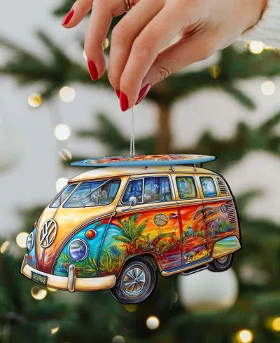 Designocracy Hippie Van Christmas Wooden Ornament In Multi