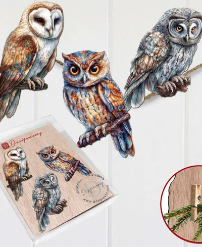 Designocracy Night Owls Wood Clip-on Ornaments, Set Of 3 In Multi