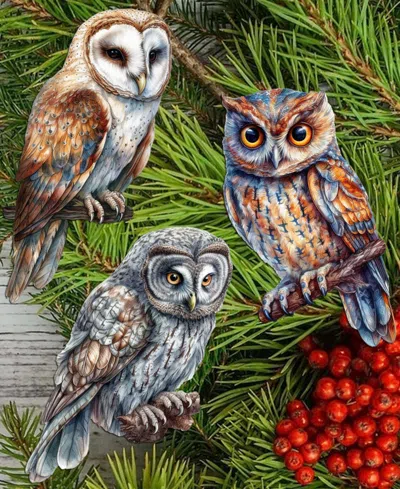 Designocracy Night Owls Wood Clip-on Ornaments, Set Of 3 In Multi