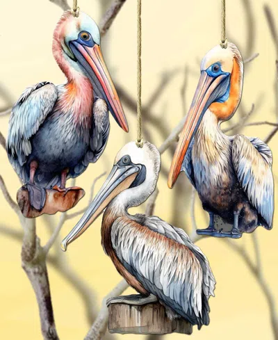 Designocracy Pelicans Christmas Wooden Ornaments, Set Of 3 In Multi