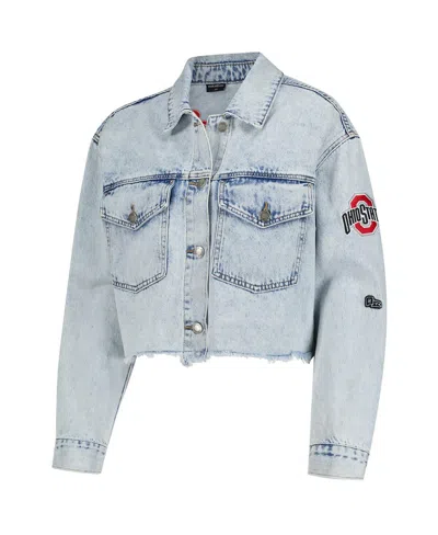Hype And Vice Women's Denim Ohio State Buckeyes Lightwash Cropped Button-up Jean Jacket In Blue