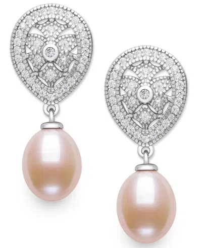 Belle De Mer Cultured Freshwater Blush Pink Pearl (8-9mm) And Lab Created Sapphire Drop Earrings In Sterling Silv In Pink