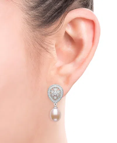 Belle De Mer Cultured Freshwater Blush Pink Pearl (8-9mm) And Lab Created Sapphire Drop Earrings In Sterling Silv In Pink