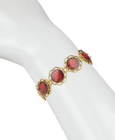 Patricia Nash Acrylic Ruby European Floral Tapestry Antique-like Gold-tone Box Clasp Link Bracelet In Gold