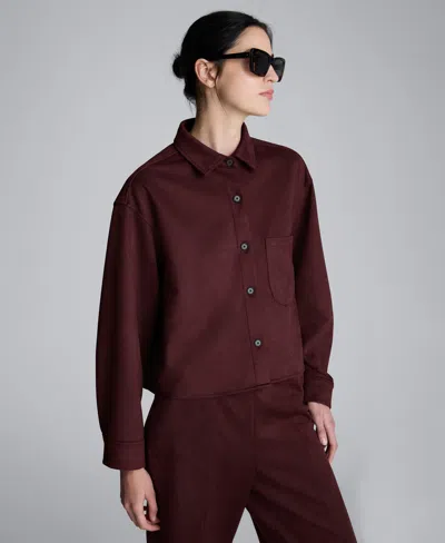 Kenneth Cole Faux Suede Button Front Cropped Knit Shirt In Burgundy