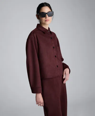 Kenneth Cole Faux Suede Button Front Cropped Knit Shirt In Burgundy