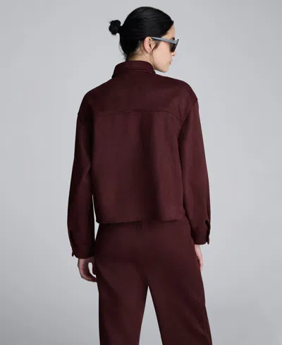 Kenneth Cole Faux Suede Button Front Cropped Knit Shirt In Burgundy