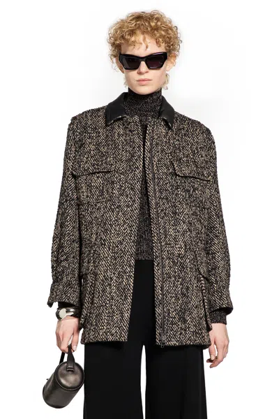 Max Mara Herringbone Pattern Wool Jacket With Leather Collar In Brown