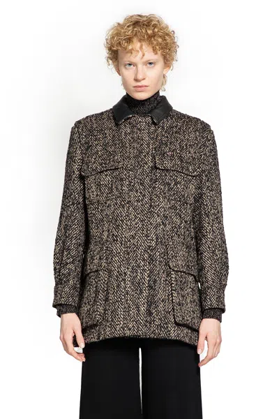 Max Mara Herringbone Pattern Wool Jacket With Leather Collar In Brown