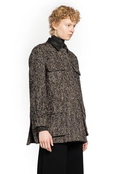 Max Mara Herringbone Pattern Wool Jacket With Leather Collar In Brown