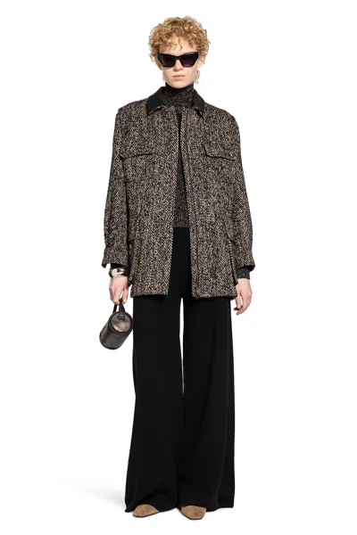 Max Mara Herringbone Pattern Wool Jacket With Leather Collar In Brown
