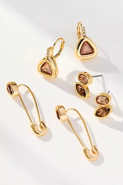 By Anthropologie Assorted Crystal Earrings, Set Of 3 In Gold