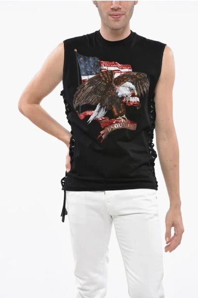 Dsquared2 Printed Mini Fit Lace-up Tank Top Embellished With Sequins A In Black