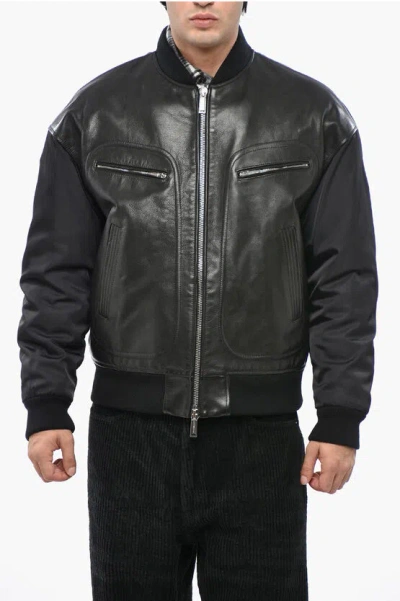 Dsquared2 Leather Western Aviator Bomber With Ton On Ton And Embossed In Black
