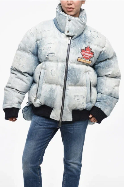 Dsquared2 Vintage Effect Denim Bomber Jacket With Logoed Patch In Blue