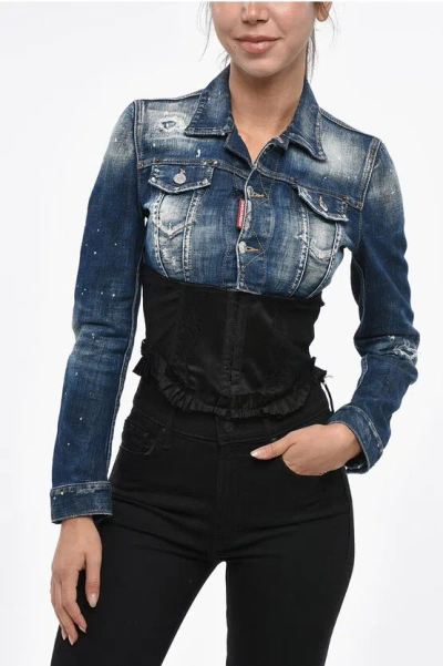 Dsquared2 Cropped Fit Denim Jacket With Corset Detail On The Bottom In Blue