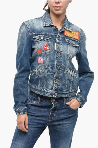Dsquared2 Pac-man Denim Boyfriend Jean Jacket With Patches In Blue