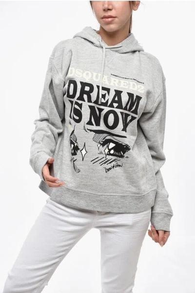 Dsquared2 Fleeced Cotton Cool Fit Hoodie With Print In Gray