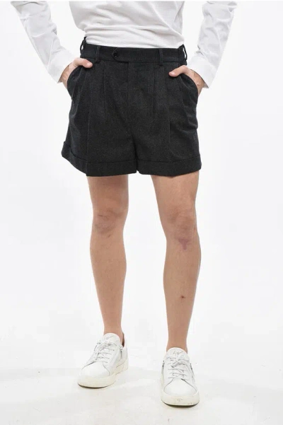 Celine Triple-pleated Wool Shorts With Cuffs In Black
