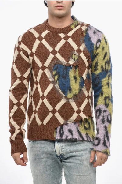Marni Vintage Effect Patterned Crew-neck Sweater In Brown