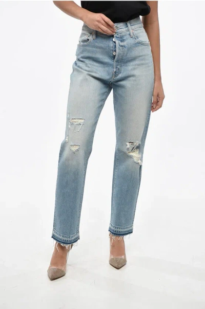 Mother Distressed The Ditcher Roller Sneak Jeans With Logo Button 1 In Blue