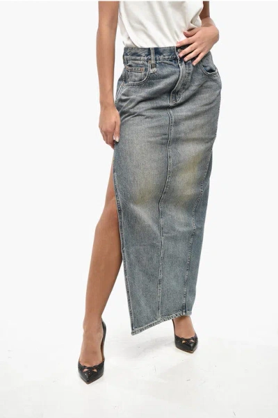 R13 Denim Devon Pencil Skirt With Maxi Side Split In Blue
