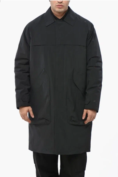 Adhoconcept Rip-stop Check Trench With Hidden Buttoning In Black