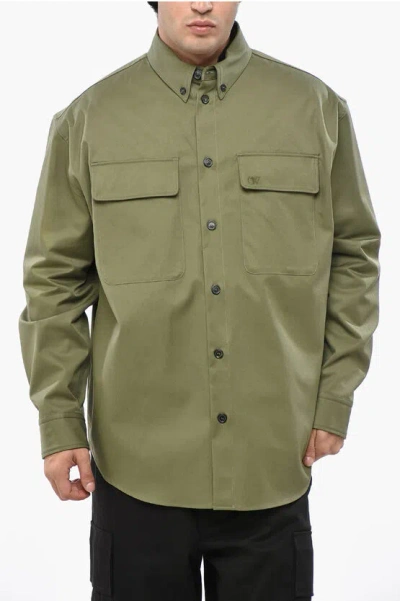 Off-white Lightweight Cotton Overshirt With Button-down Collar And Dou In Animal Print