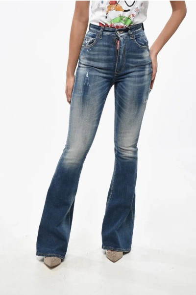 Dsquared2 Vintage Effect Stretch Denim Flared Jeans 28cm In Blue
