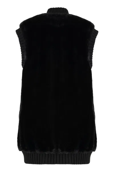 Pinko Genovese Black Sleeveless Vest With High Neck And Ribbed Details In Ecofur Woman In Black