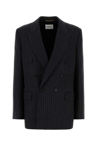 Saint Laurent Oversized Double-breasted Pinstriped Wool-flannel Blazer In Animal Print