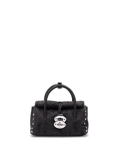 Zanellato Structured Black Hammered Leather Bag With Twist Lock Closure In Black