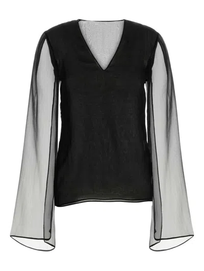 Alberta Ferretti Sheer-sleeve Silk Blouse In Black