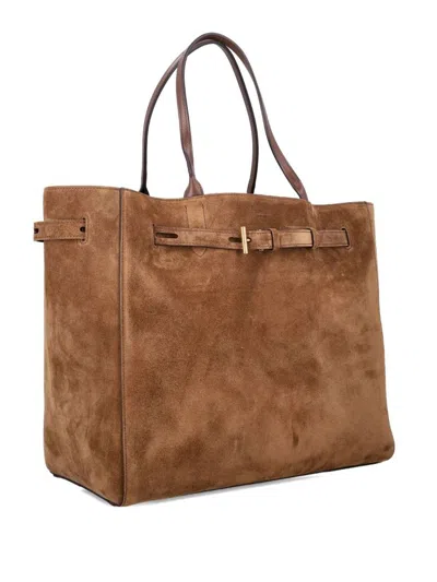 Tom Ford Rectangular Suede Tote With Belt Detail In Brown