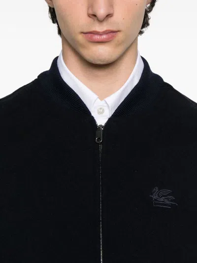 Etro Navy Blue Bomber Jacket With Embroidered Logo And Zip Fastening In Black