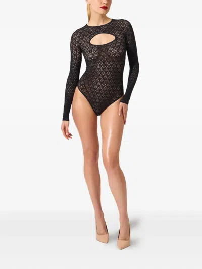Wolford Net-pattern Long-sleeve Bodysuit In Black