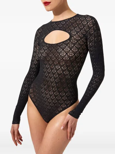 Wolford Net-pattern Long-sleeve Bodysuit In Black