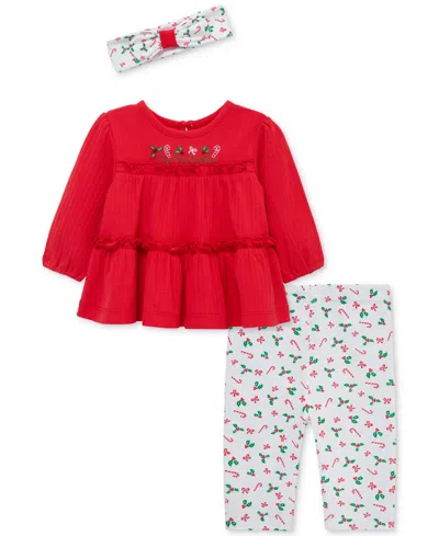 Little Me Baby Girls Cotton Candy Cane Tunic, Headband & Leggings, 3 Piece Set In Red