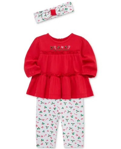 Little Me Baby Girls Cotton Candy Cane Tunic, Headband & Leggings, 3 Piece Set In Red