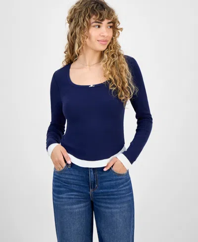 Self Esteem Juniors' Ribbed Layered-look Long-sleeve With Rosette In Blue