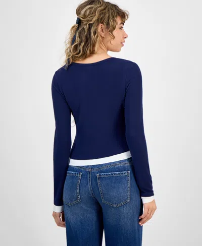 Self Esteem Juniors' Ribbed Layered-look Long-sleeve With Rosette In Blue