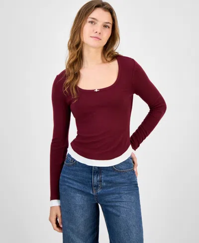 Self Esteem Juniors' Ribbed Layered-look Long-sleeve With Rosette In Burgundy
