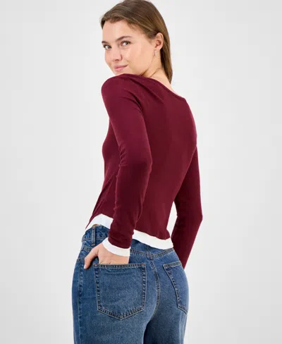 Self Esteem Juniors' Ribbed Layered-look Long-sleeve With Rosette In Burgundy
