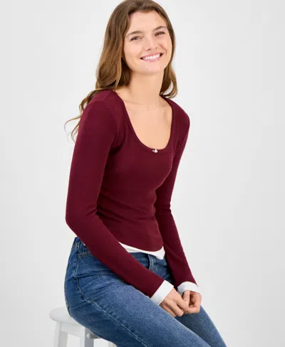 Self Esteem Juniors' Ribbed Layered-look Long-sleeve With Rosette In Burgundy