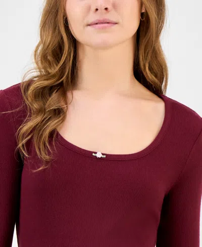 Self Esteem Juniors' Ribbed Layered-look Long-sleeve With Rosette In Burgundy