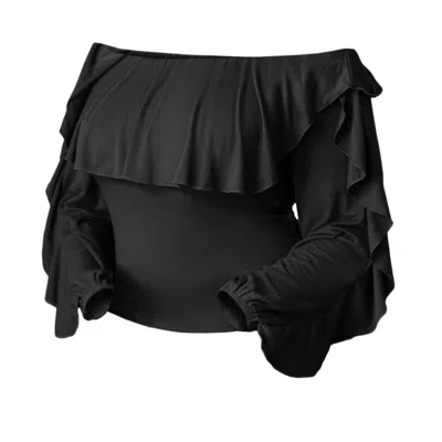 Jjwinks Vixen Built-in Shelf Off-the-shoulder Long Sleeve Ruffle Holiday Top In Black