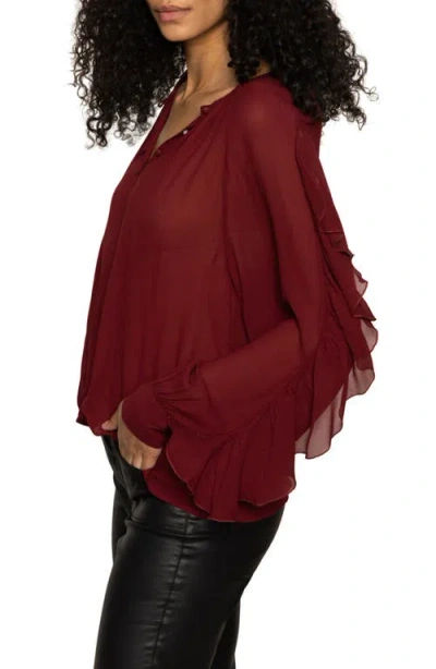 Sanctuary Harmony Ruffle Sleeve Button-up Shirt In Burgundy