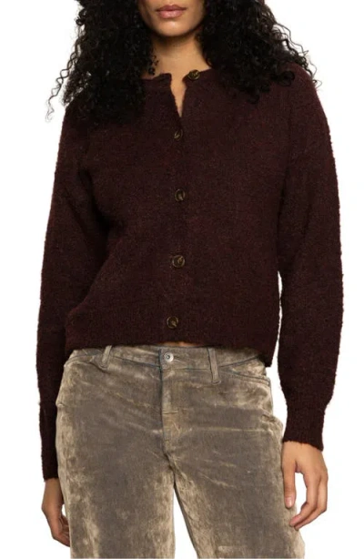 Sanctuary Boucle Crew Neck Cardigan In Dark Crimson In Brown
